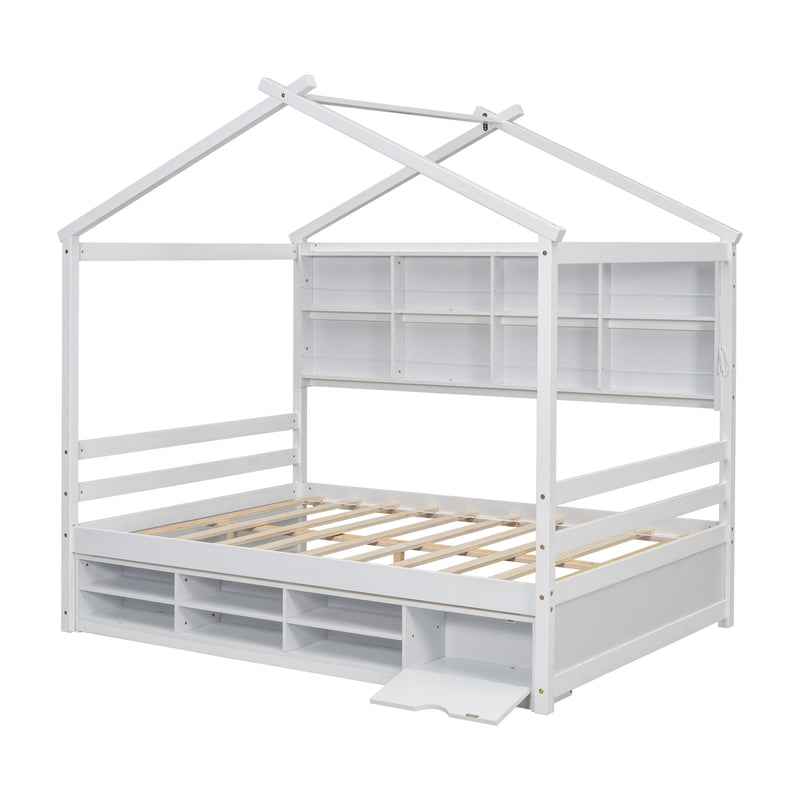 House Bed With Roof Frame, Bedside-Shelves, Under Bed Storage Unit