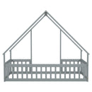 Twin Wood House-Shaped Floor Bed with Fence, Guardrails ,Grey