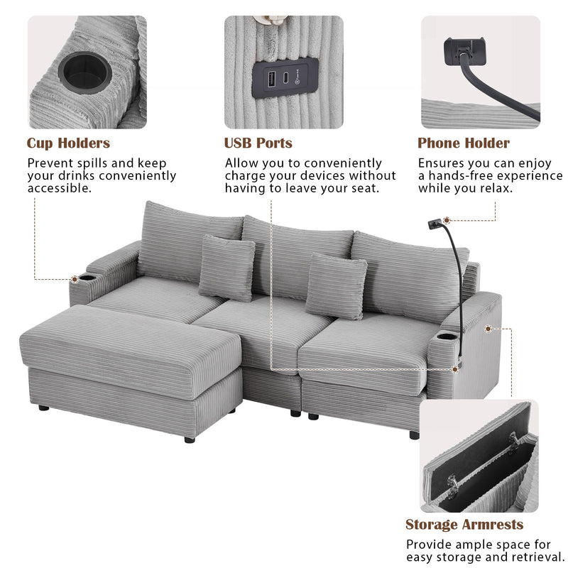 Modern Style Loveseat Sofa Sectional Sofa Couch With Storage Space, A Movable Ottoman, Two USB Ports, Two Cup Holders, A Phone Holder For Living Room