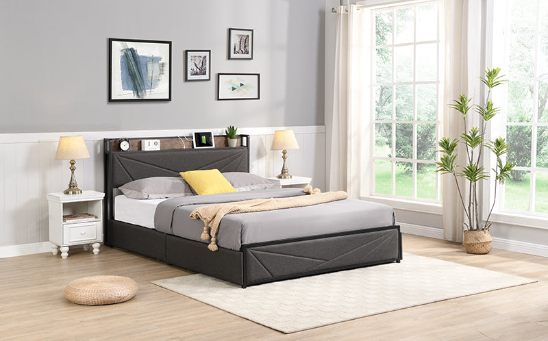 Full Bed Frame, Storage Headboard with Charging Station, Solid and Stable, Noise Free, No Box Spring Needed, Easy Assembly
