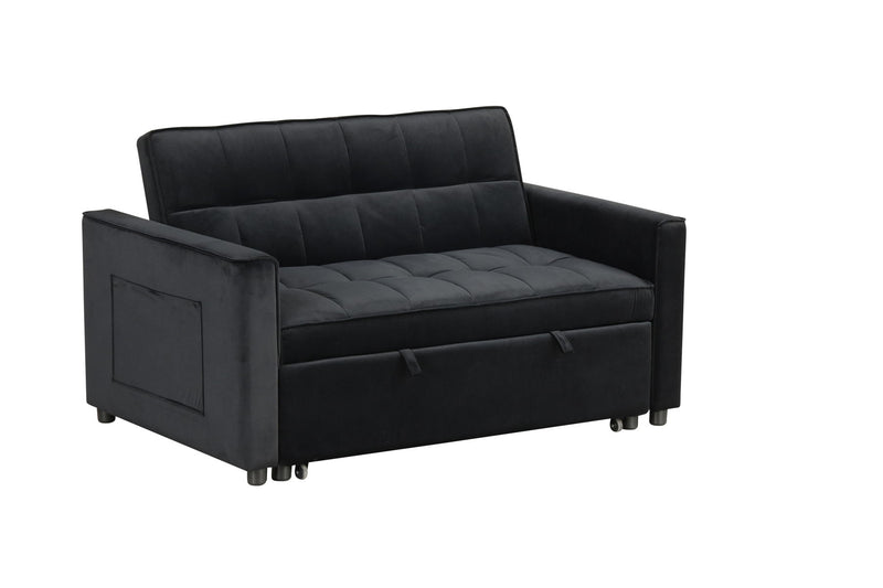 Maeve - 53.5"W Black Velvet Convertible Sleeper Loveseat With Tufting and Side Pocket