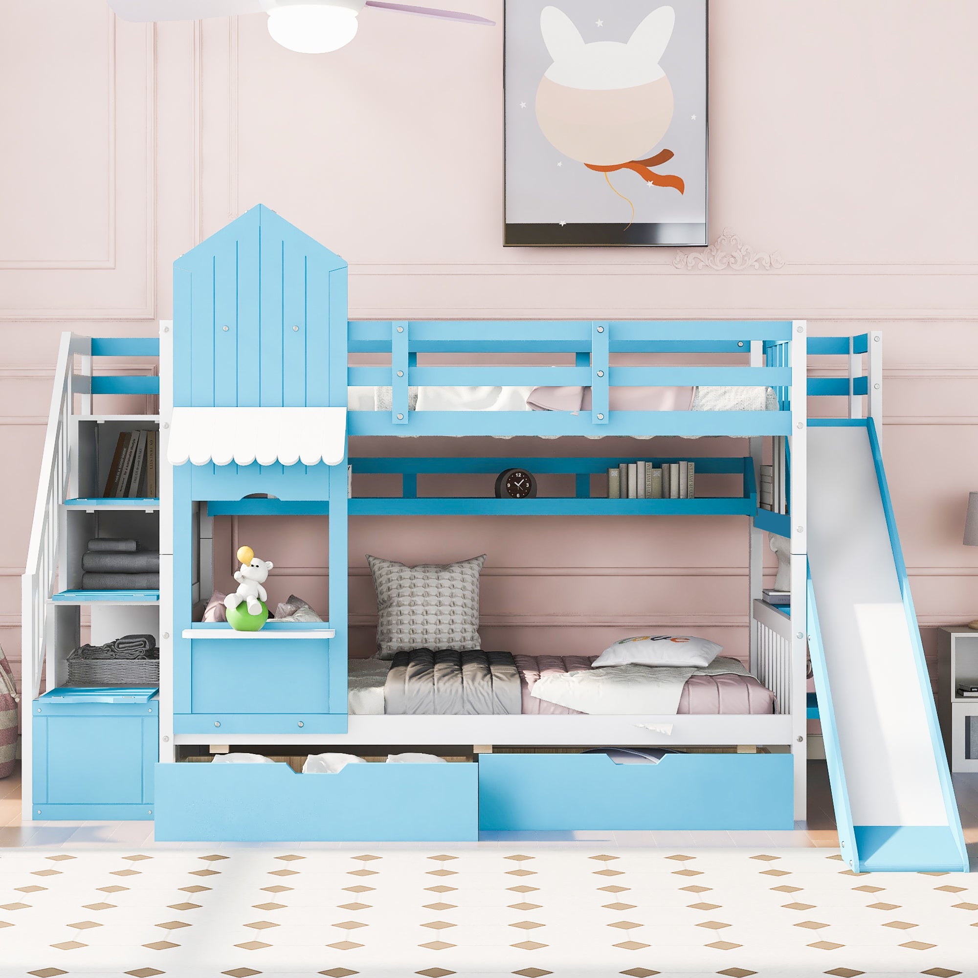 Twin-Over-Twin Castle Style Bunk Bed with 2 Drawers 3 Shelves and Slide - Blue - Atlantic Fine Furniture Melbourne FL
