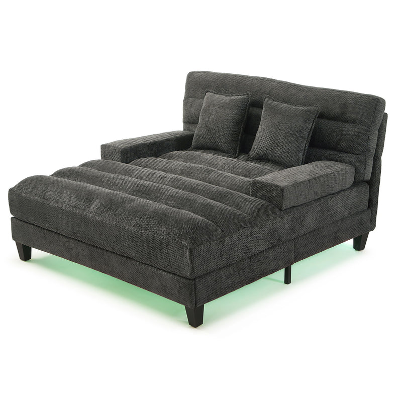 Chaise Bed Lounge Sofa Chair With Adjustable Backrest And LED Light Strip - Gray