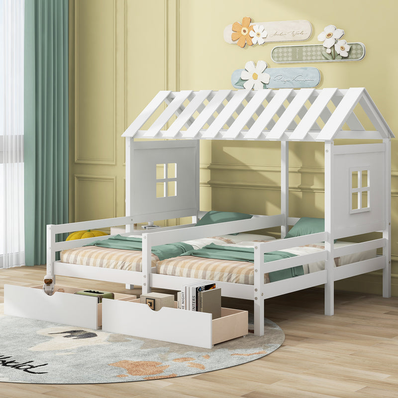 Twin Size House Platform Beds with Two Drawers for Boy and Girl Shared Beds, Combination of 2 Side by Side Twin Size Beds, White(old sku: GX000927AAK)