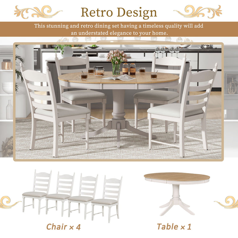 5 Piece Retro Functional Dining Table Set With Extendable Round Table And Upholstered Chairs