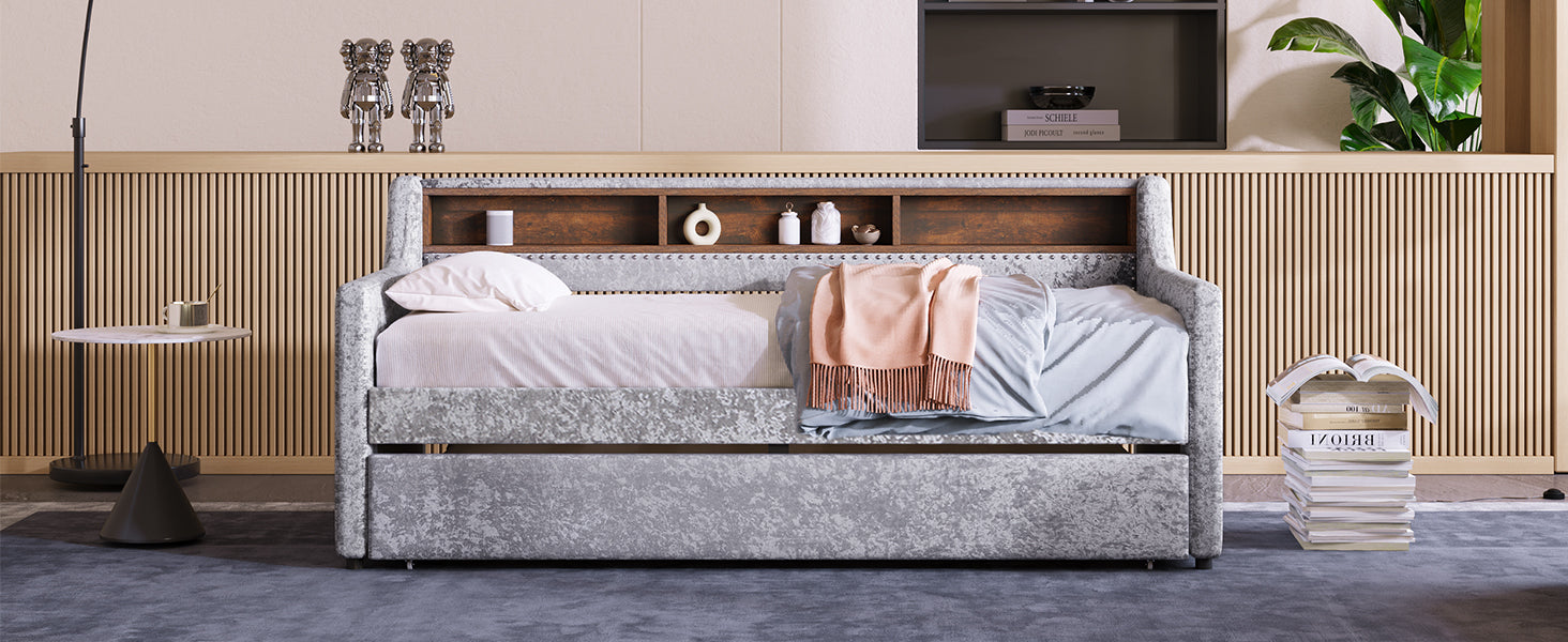 Twin Size Snowflake Velvet Daybed with Trundle and Built-in Storage Shelves,Gray - Atlantic Fine Furniture Melbourne FL