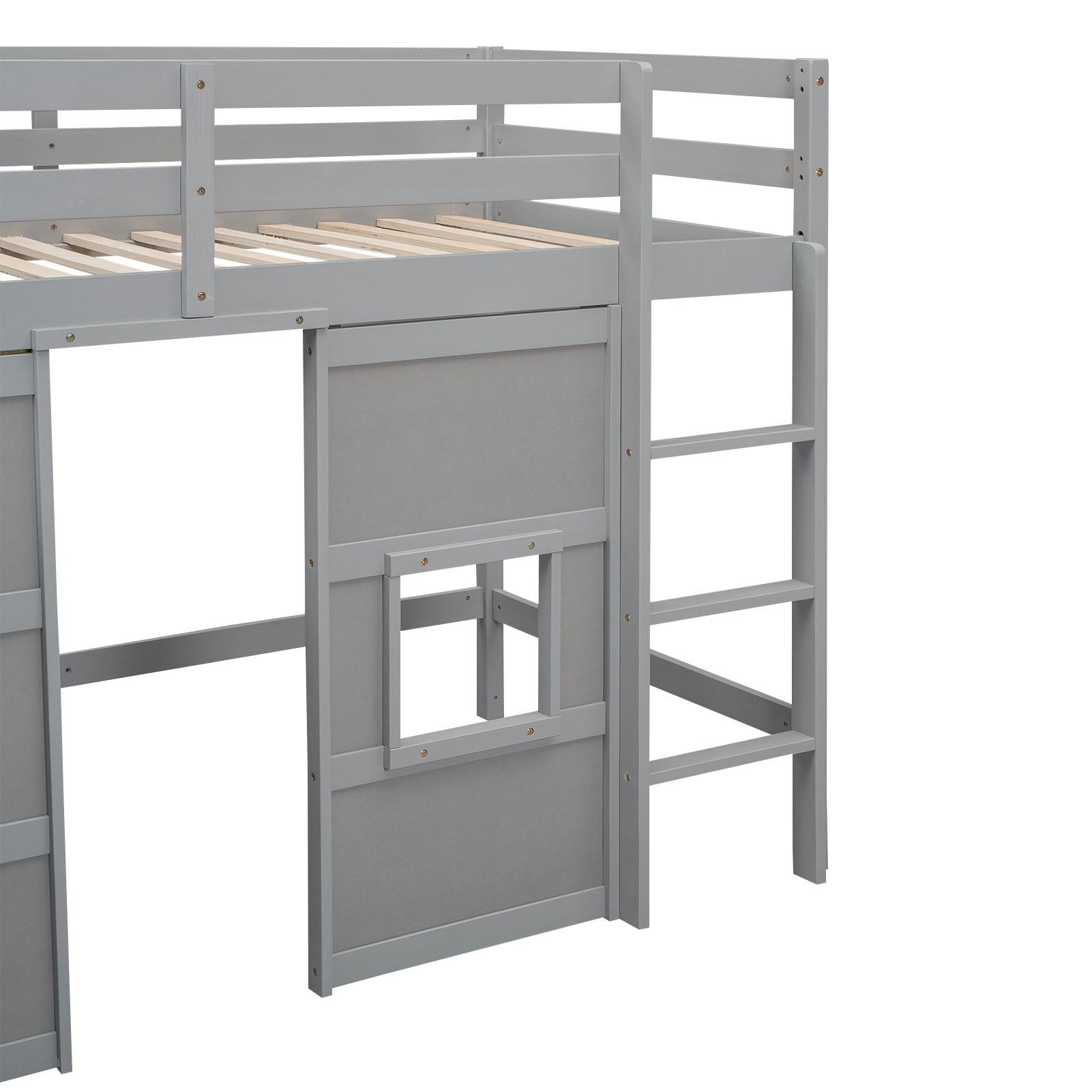 Wood Twin Size Loft Bed with Built-in Storage Wardrobe and 2 Windows, Gray - Atlantic Fine Furniture Melbourne FL
