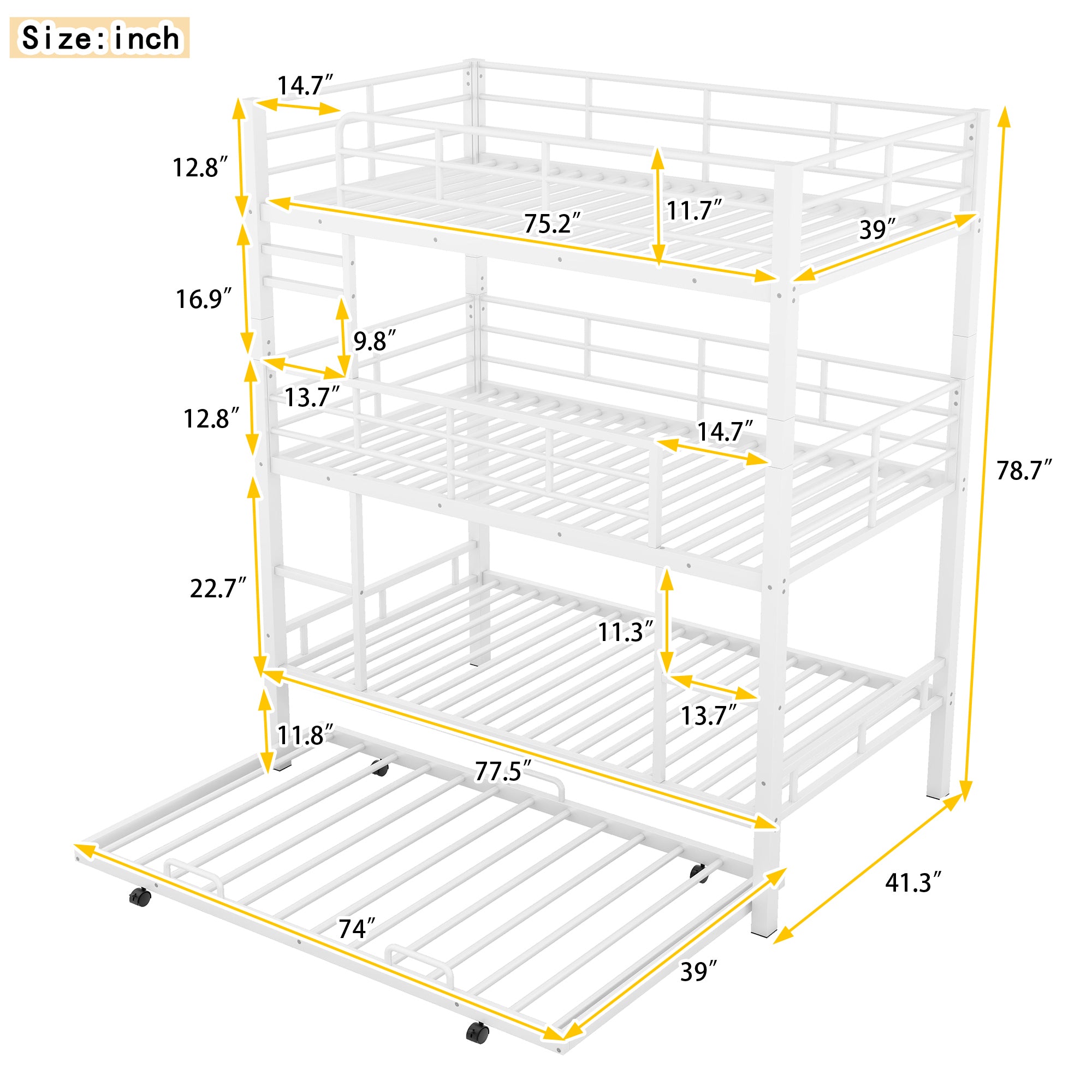 Metal Twin Size Triple Bunk Bed With Trundle, White