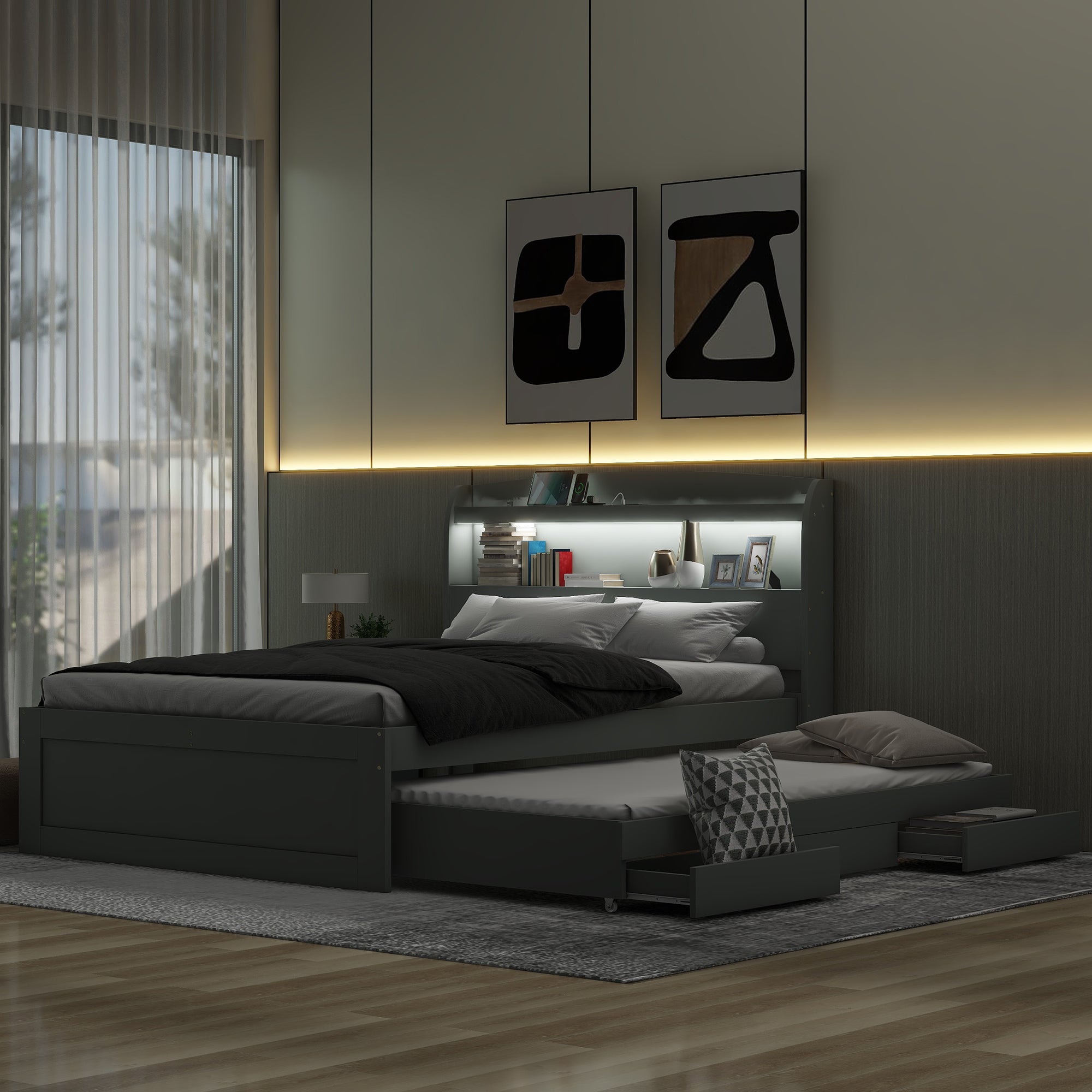 Full XL Size Platform Bed with Storage LED Headboard, Charging Station, Twin Size Trundle and 2 Drawers, Gray - Atlantic Fine Furniture Melbourne FL