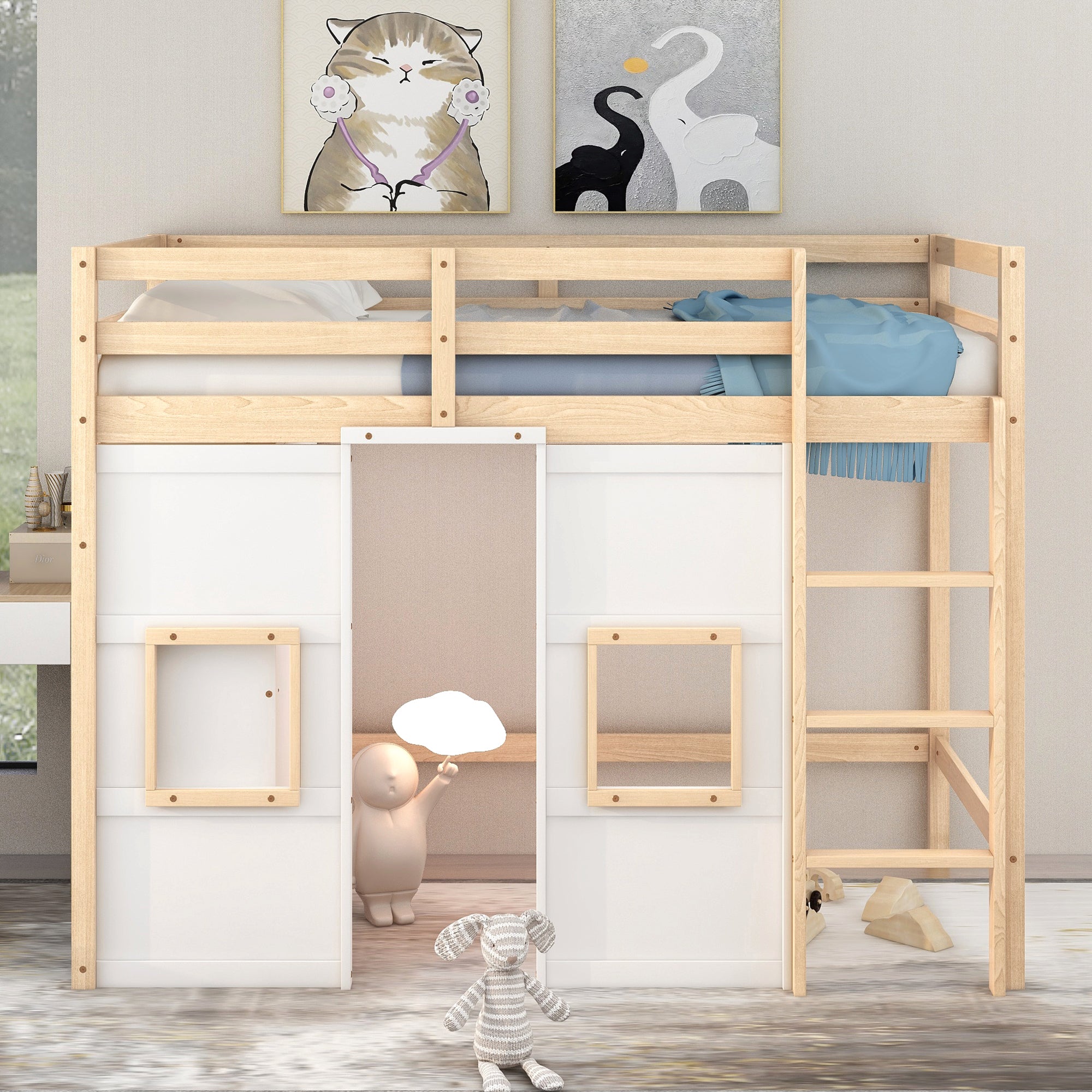 Wood Twin Size Loft Bed with Built-in Storage Wardrobe and 2 Windows, Natural/White - Atlantic Fine Furniture Melbourne FL
