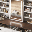 Rustic Farmhouse Makeup Vanity Desk With Sliding Mirror, LED Lights, And Charging Socket - White