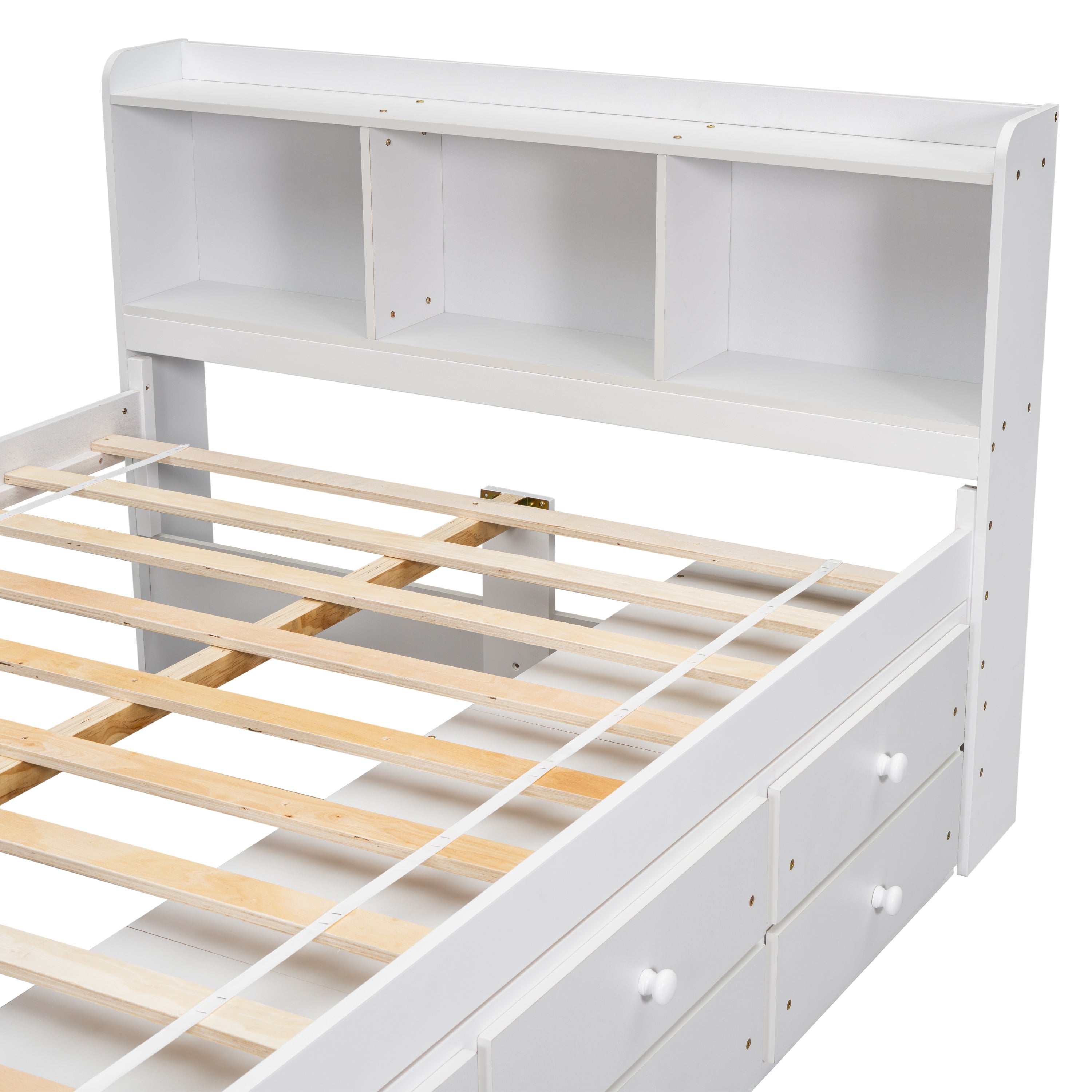 Full Bed with Bookcase Headboard, Under bed Storage Drawers and Bed End Storage Case,White