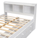 Full Bed with Bookcase Headboard, Under bed Storage Drawers and Bed End Storage Case,White