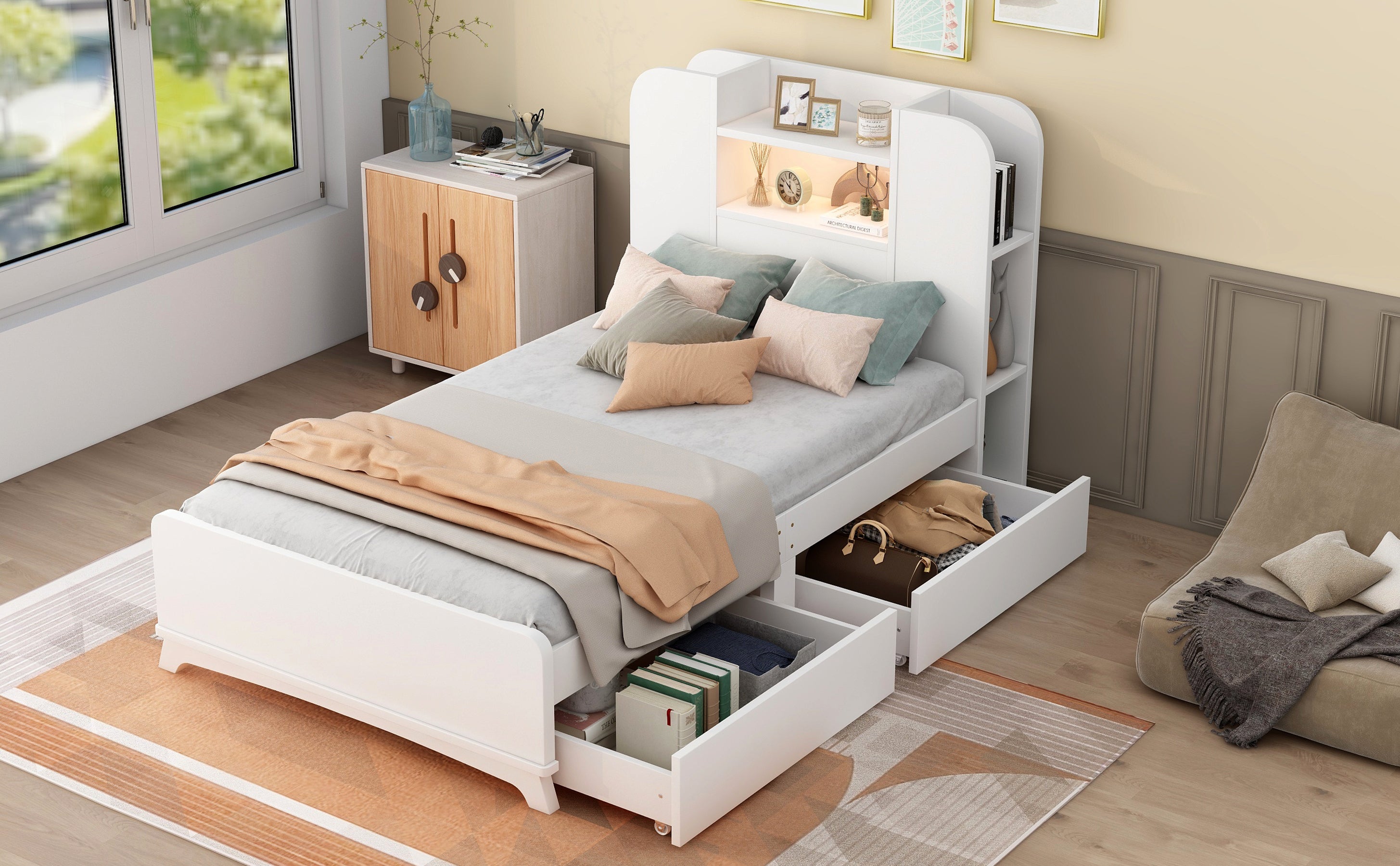 Twin Size Storage Platform Bed Frame with with Two Drawers and Light Strip Design in Headboard,White - Atlantic Fine Furniture Melbourne FL
