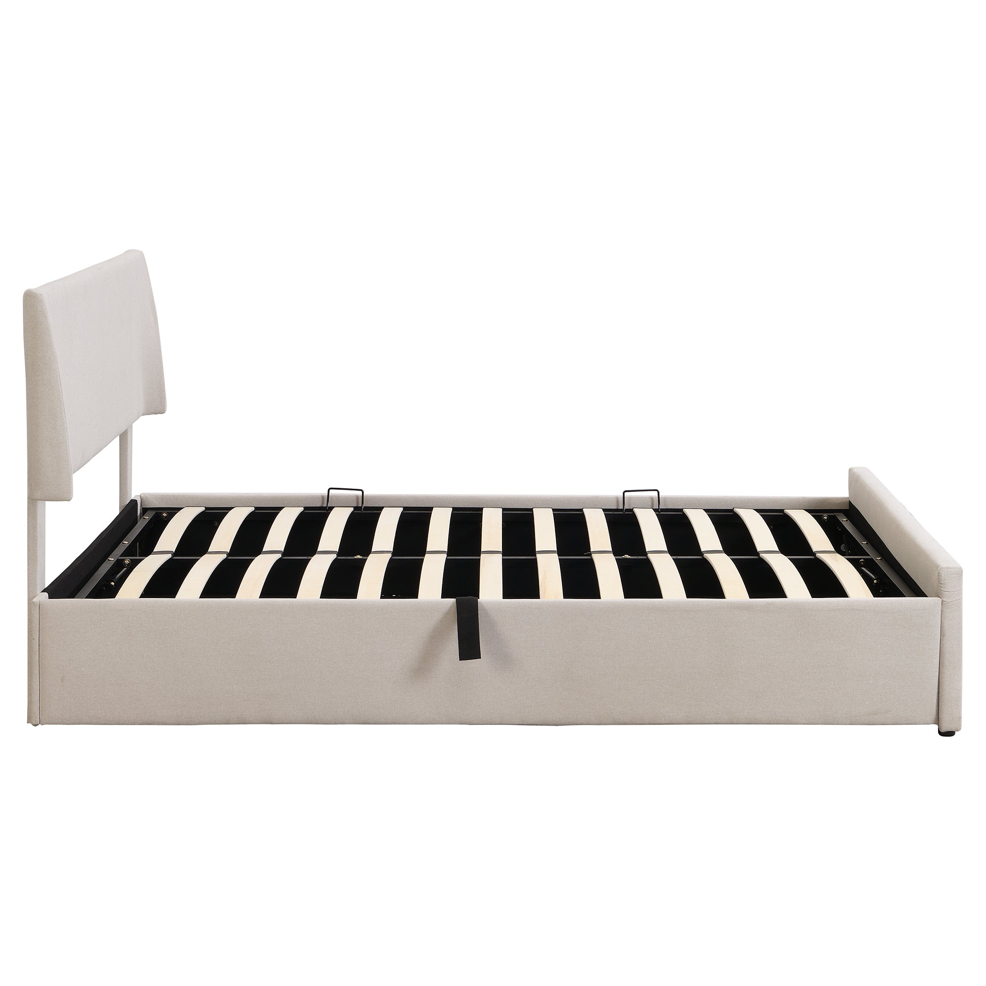 Queen Size Sleigh Bed with Side-Tilt Hydraulic Storage System, Linen Upholstery, Beige - Atlantic Fine Furniture Melbourne FL