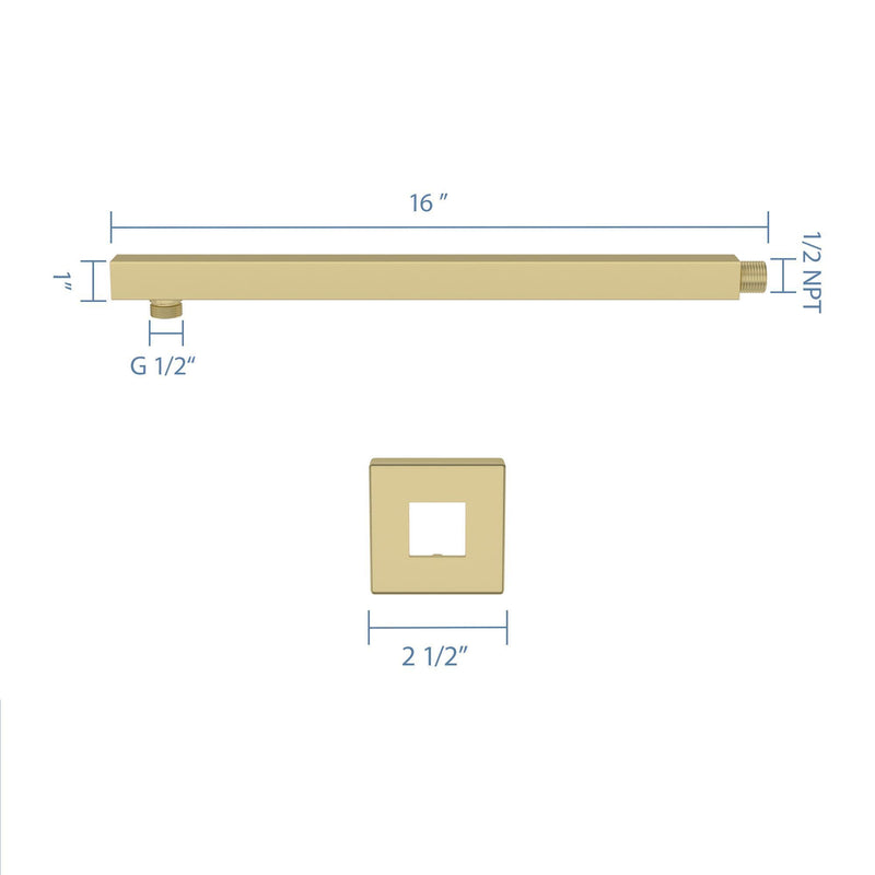 Wall Mounted Shower Arm With Flange, 16" Stainless Steel For Rain Shower Heads - Gold