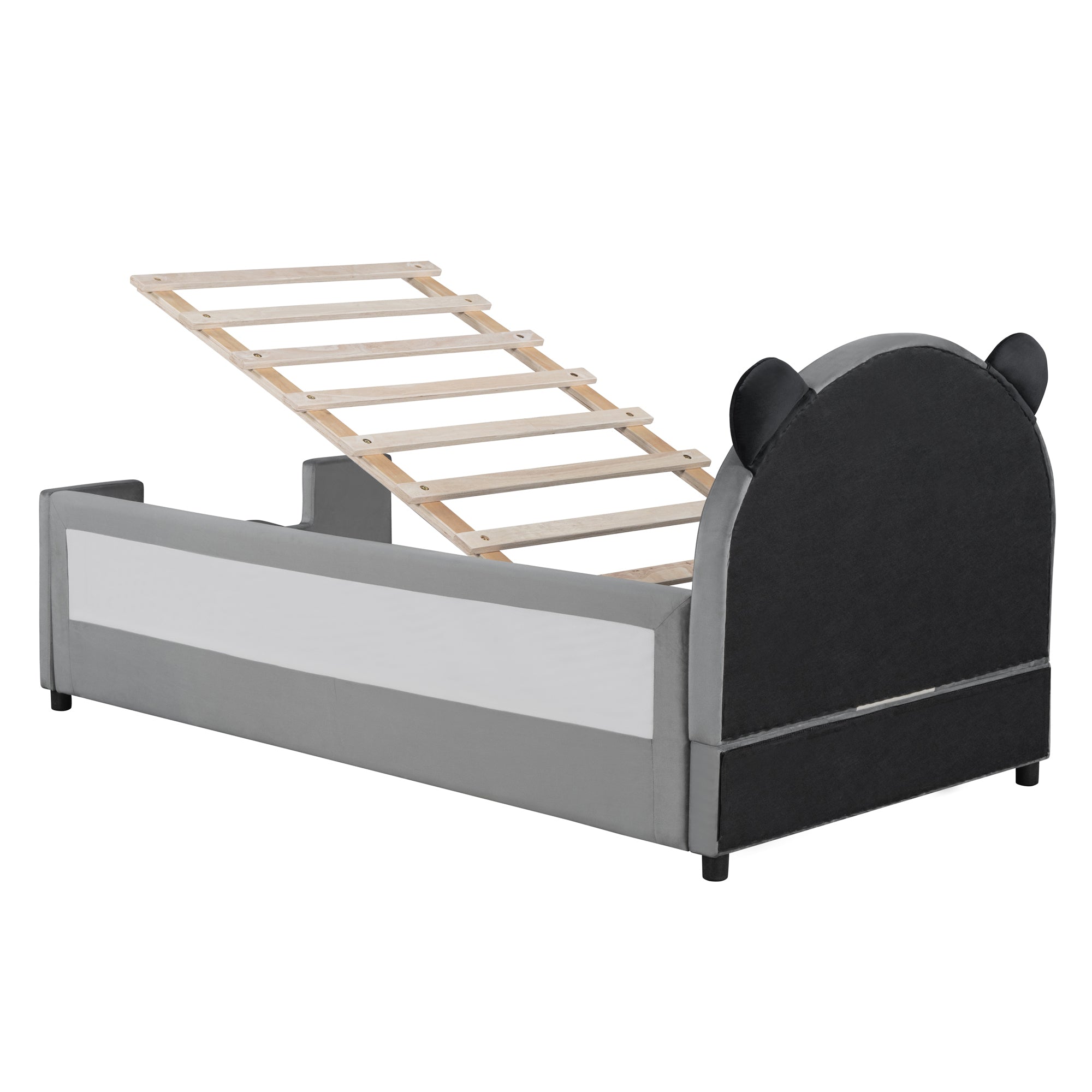 Twin Size Upholstered Daybed with Bear Shaped Headboard, Hydraulic System and Breathable Mesh Fence, Gray - Atlantic Fine Furniture Melbourne FL