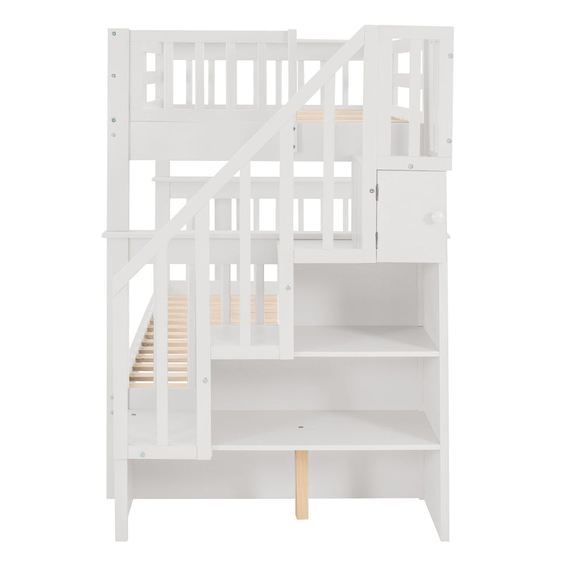 Stairway Bunk Bed With Twin Size Trundle, Storage And Guard Rail For Bedroom, Dorm