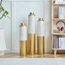 Modern Droplet Shaped Floor Vase Set Honeycomb Design, 3 Piece Metal Decorative Vases For Home Interior Display - Gold / White