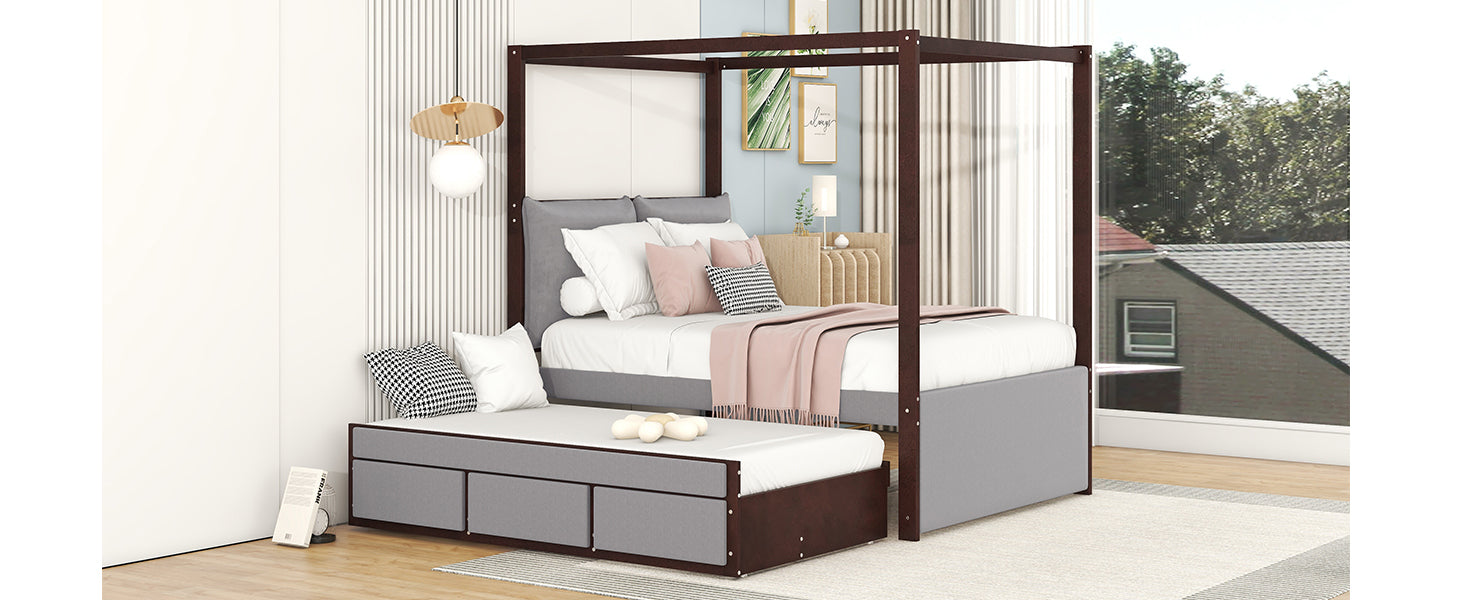 Full Size Upholstered  Canopy Bed with Trundle and 3 Drawers, Gray - Atlantic Fine Furniture Melbourne FL