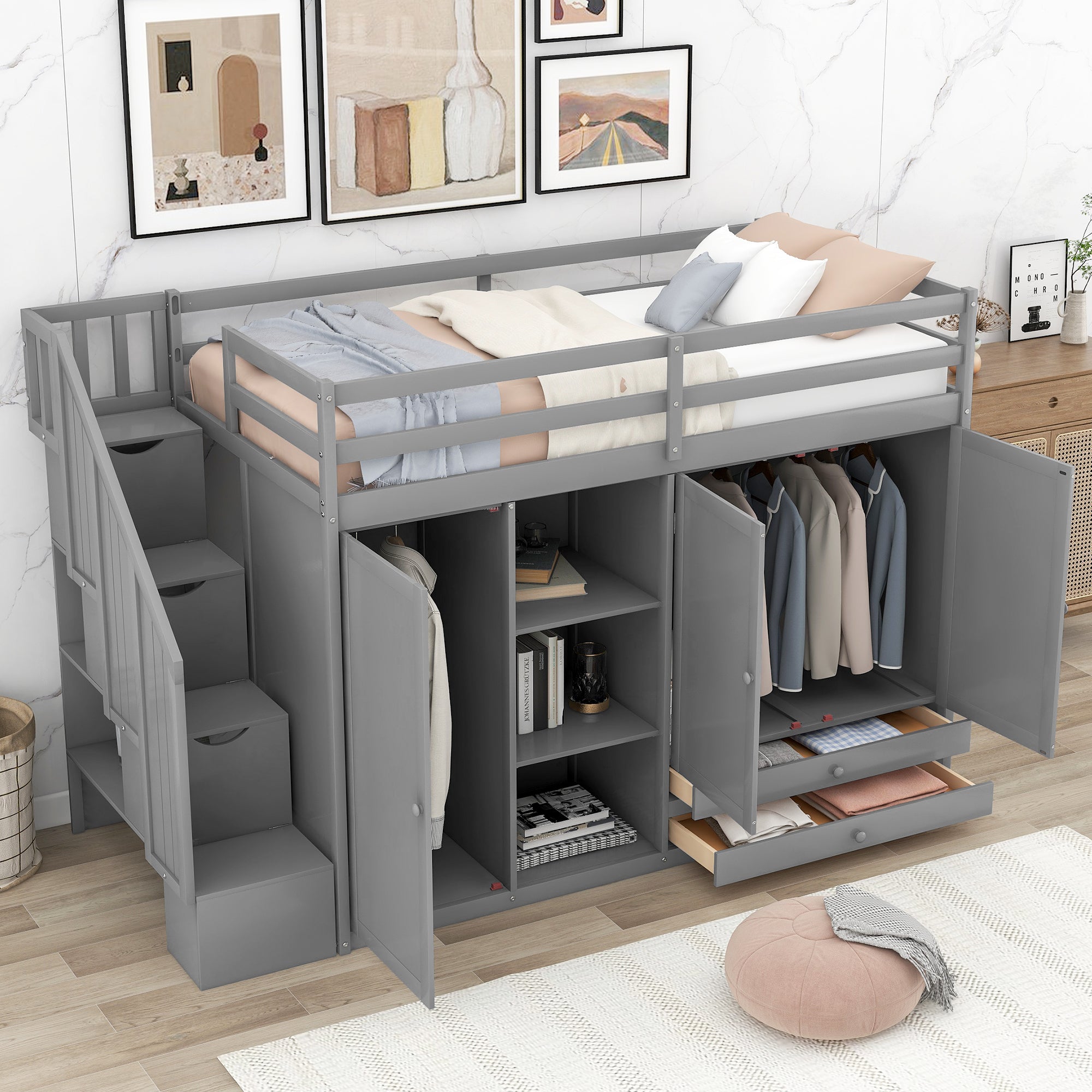 Functional Loft Bed with 3 Shelves, 2 Wardrobes and 2 Drawers,  Ladder with Storage, No Box Spring Needed, Gray - Atlantic Fine Furniture Melbourne FL