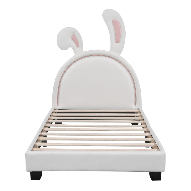 Upholstered Leather Platform Bed With Rabbit Ornament