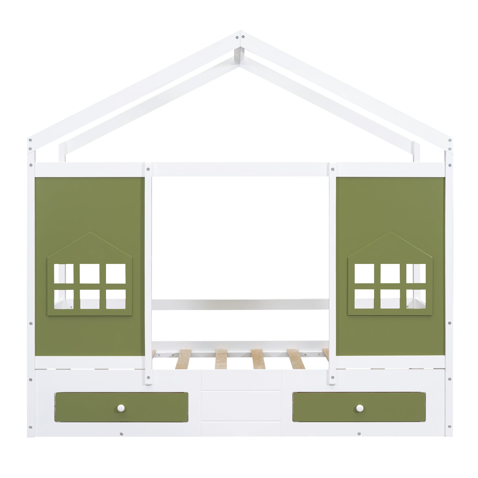 Twin Size Wood House Bed with 2 Drawers and Window Decoration, White+Olive Green - Atlantic Fine Furniture Melbourne FL