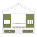 Twin Size Wood House Bed with 2 Drawers and Window Decoration, White+Olive Green