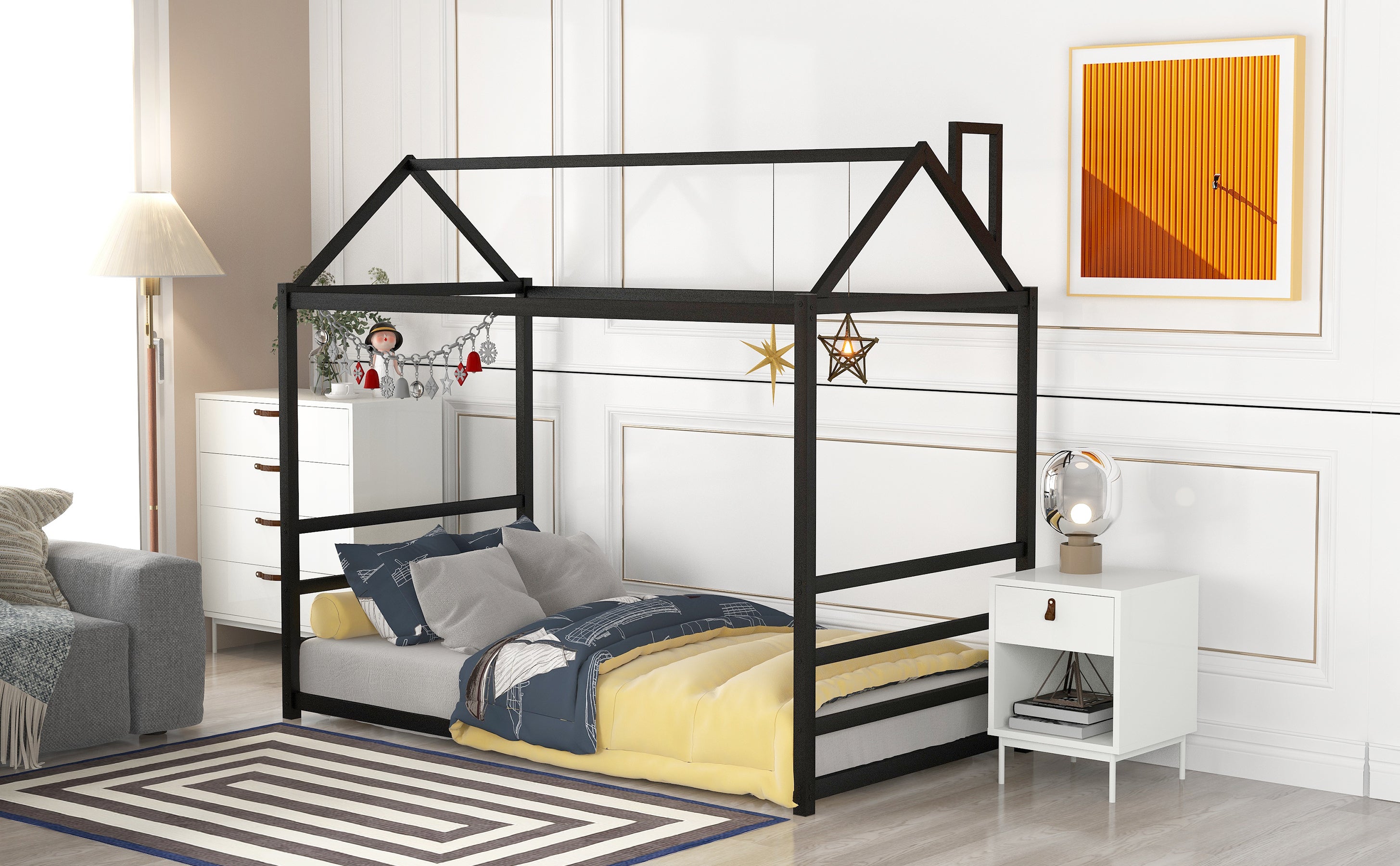 House Platform Bed with Roof and Chimney Design,Black - Atlantic Fine Furniture Melbourne FL
