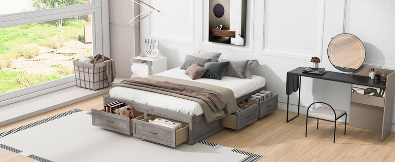 Queen Size Platform Bed with 6 Storage Drawers,Antique Gray