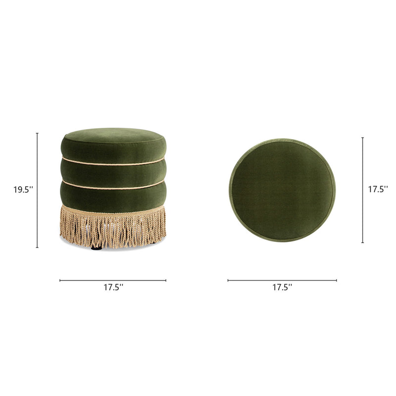 Edward - Round Upholstered Ottoman With Bullion Fringe - Olive Green