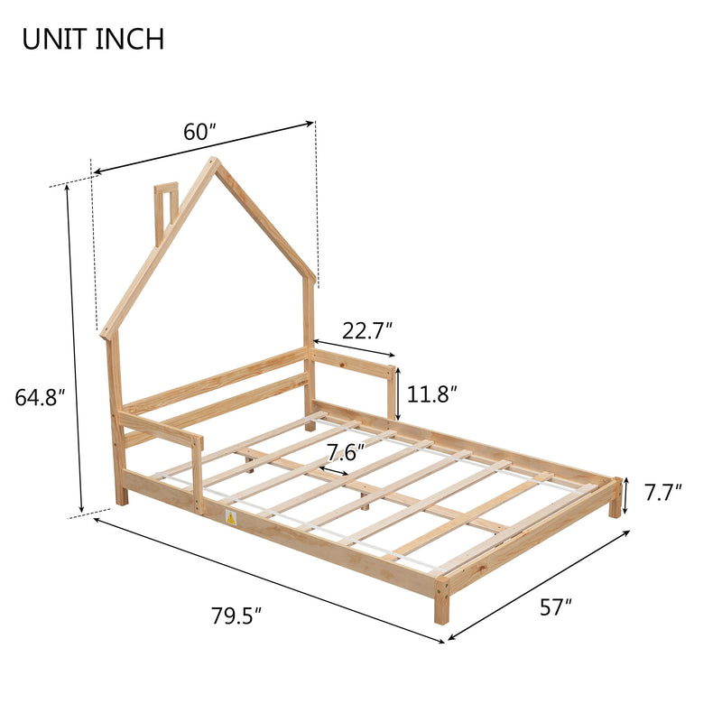 House-Shaped Headboard Bed With Handrails, Slats