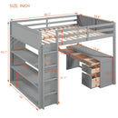 Full Size Loft Bed with Ladder, Shelves, and Desk, Gray