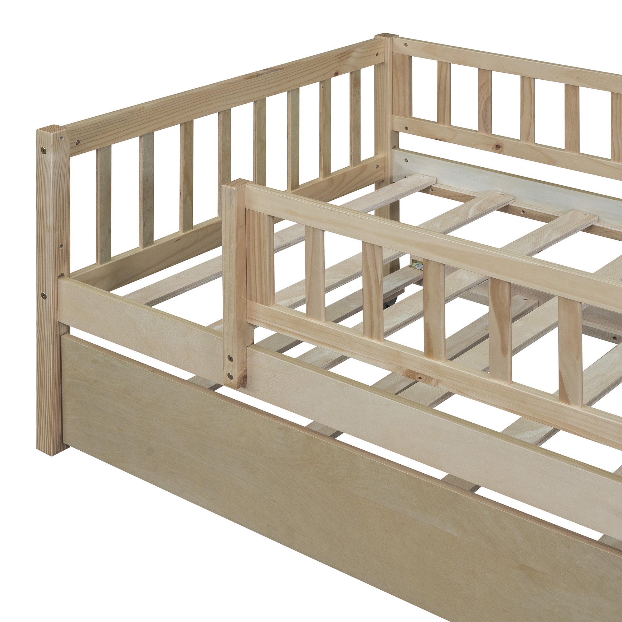Twin Size Wood Daybed with Trundle and Fence Guardrails, Natural - Atlantic Fine Furniture Melbourne FL