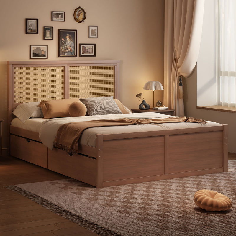 Storage Platform Bed With 4 Drawers, Rattan Headboard