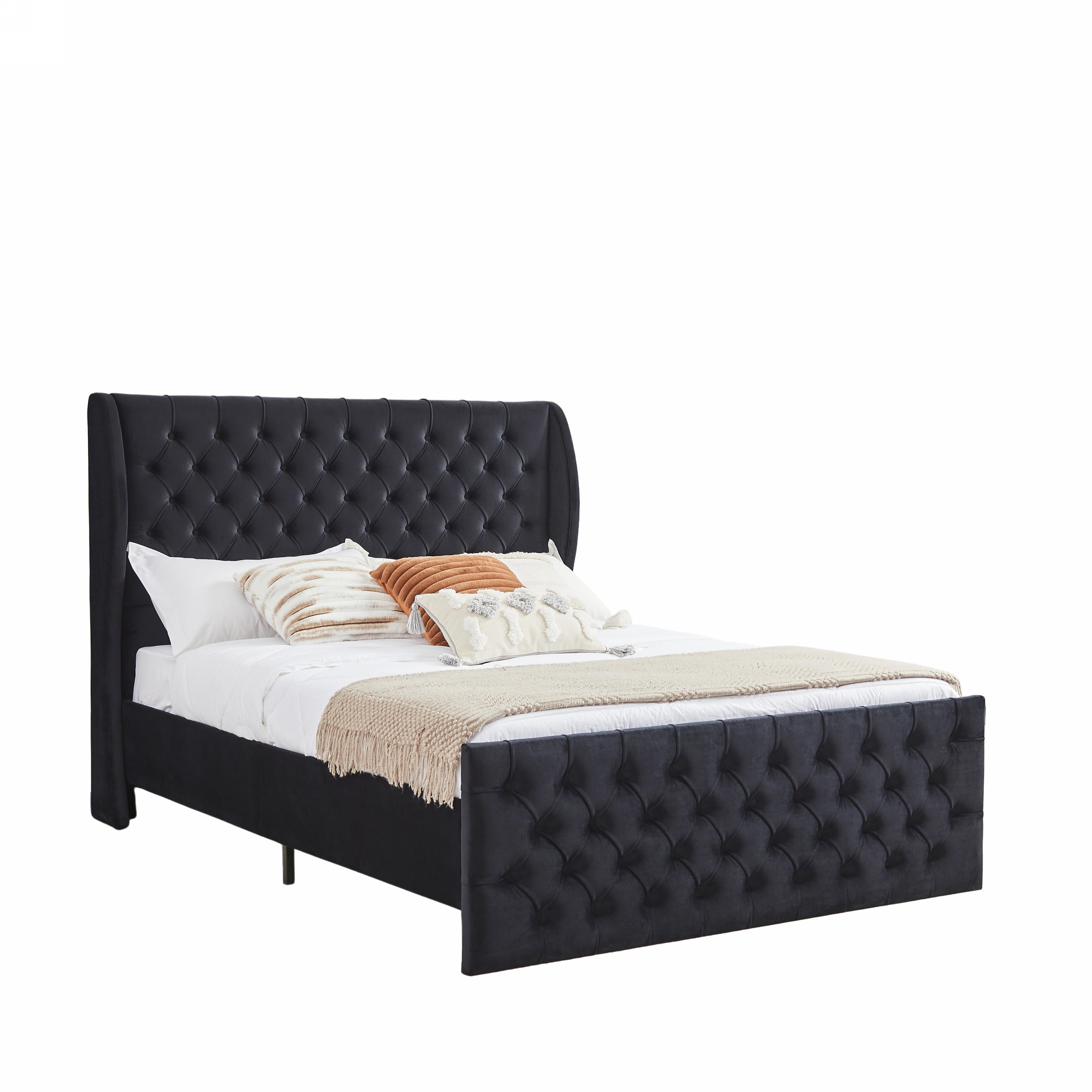 King Size Platform Bed Frame, Velvet Upholstered Sleigh Bed with Scroll Wingback Headboard & Footboard/Button Tufted/No Box Spring Required/Easy Assembly-Black - Atlantic Fine Furniture Melbourne FL