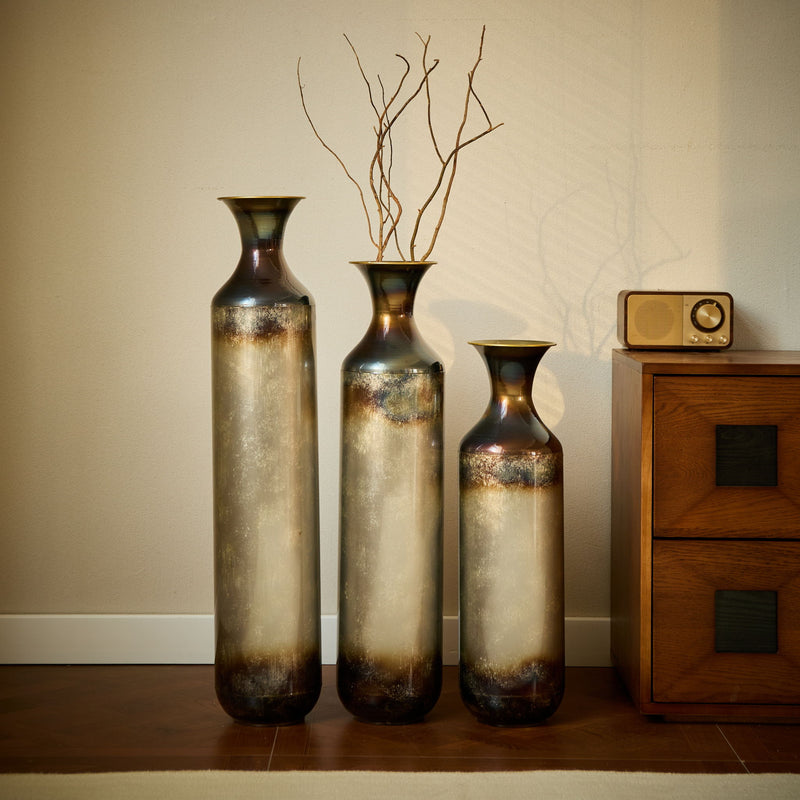 Modern Droplet Shaped Floor Vase Set, Glazed Metal Decorative Vases 3 Piece Home Accent For Living Room - Gold / White