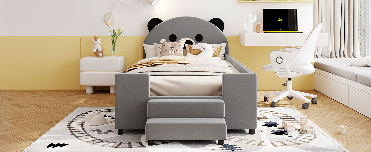 Twin Size Upholstered Daybed with Bear Shaped Headboard, Hydraulic System and Breathable Mesh Fence, Gray - Atlantic Fine Furniture Melbourne FL