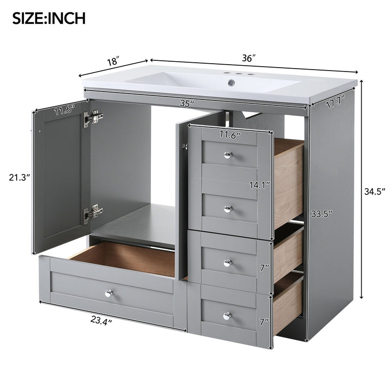 36" Shaker Free Standing Bathroom Vanity Cabinet With Sink, Soft Close Drawers, Soft Close Doors - Gray