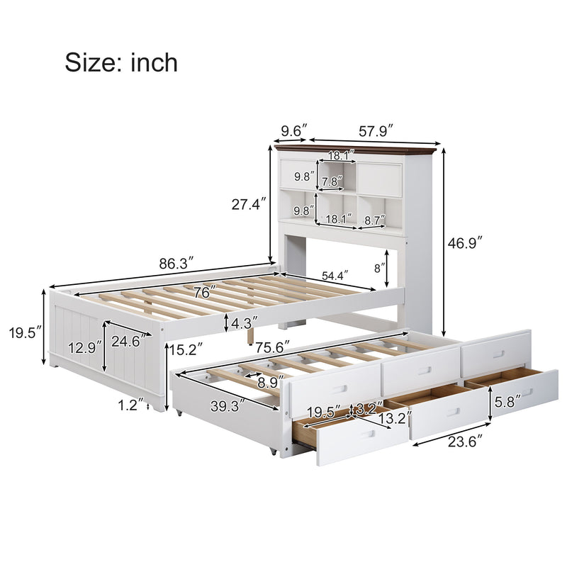 Full Solid Pine Captain Bookcase Bed With Trundle Bed And 3 Spacious Under Bed Drawers In Casual - White / Walnut