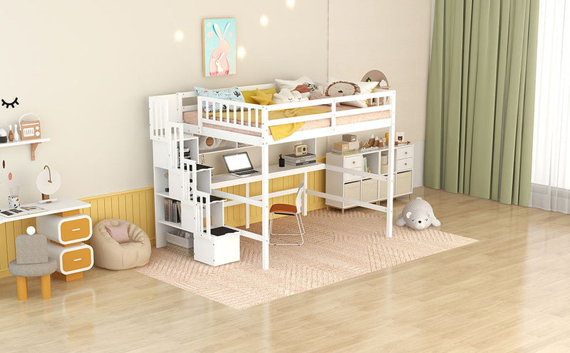 High Loft Bed With Built-In Desk, Ladder Platform, Ladders, Guardrails