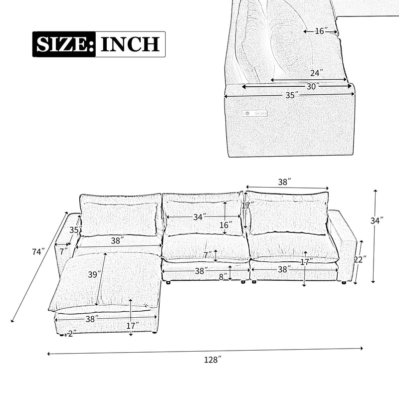 Sectional Sofa Cloud Sofa Chenille Upholstered Sofa Couch With Movable Ottoman, Comfortable Seat Cushions, Charging Ports And Three Back Pillows For Living Room