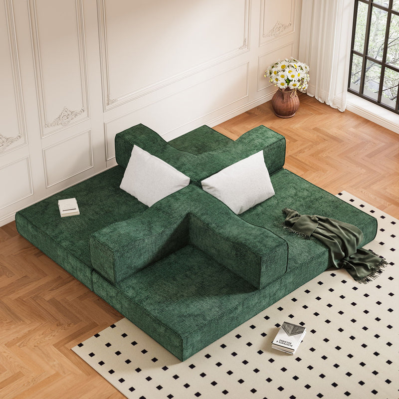 Convertible Couch Bed With 2 Pillows, 3 Seat Folding Floor Couch & King Size Bed Mattress, Diy Combination - Green