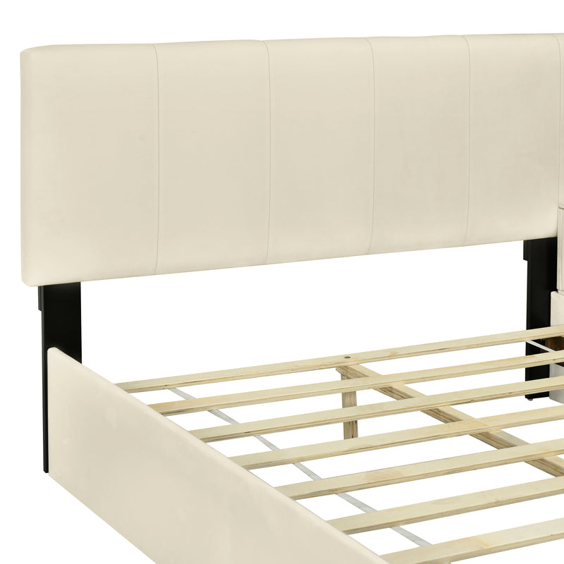 Full Size Upholstered Platform Bed with Lateral Storage Compartments and Thick Fabric, Velvet, Beige