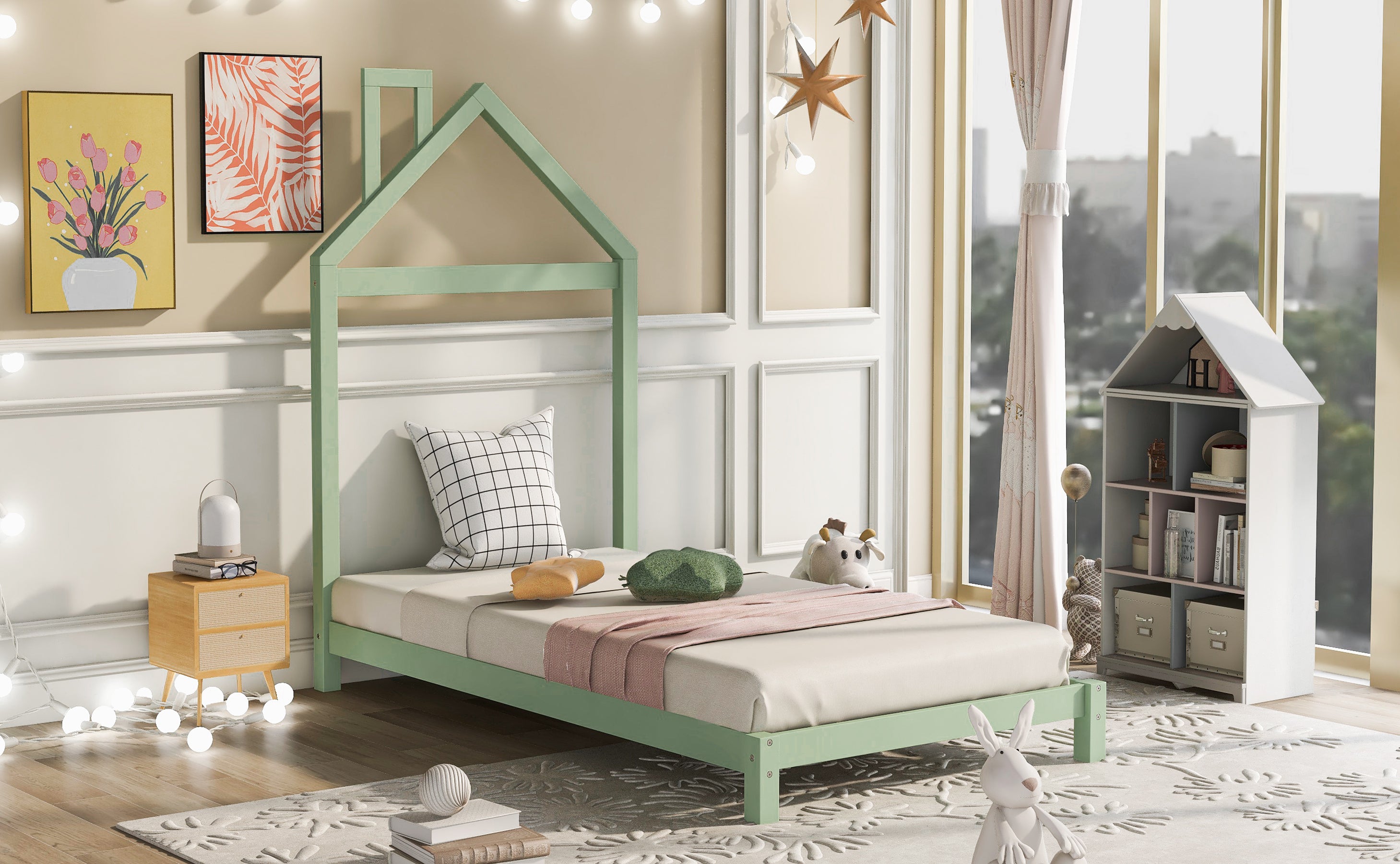 Twin Size Wood Platform Bed with House-shaped Headboard  (Green) - Atlantic Fine Furniture Melbourne FL