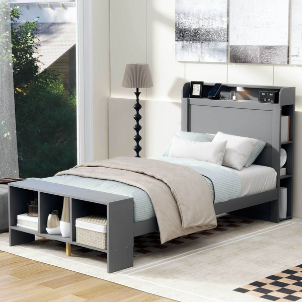 Twin Size Platform Bed with built-in shelves, LED Light and USB ports, Gray