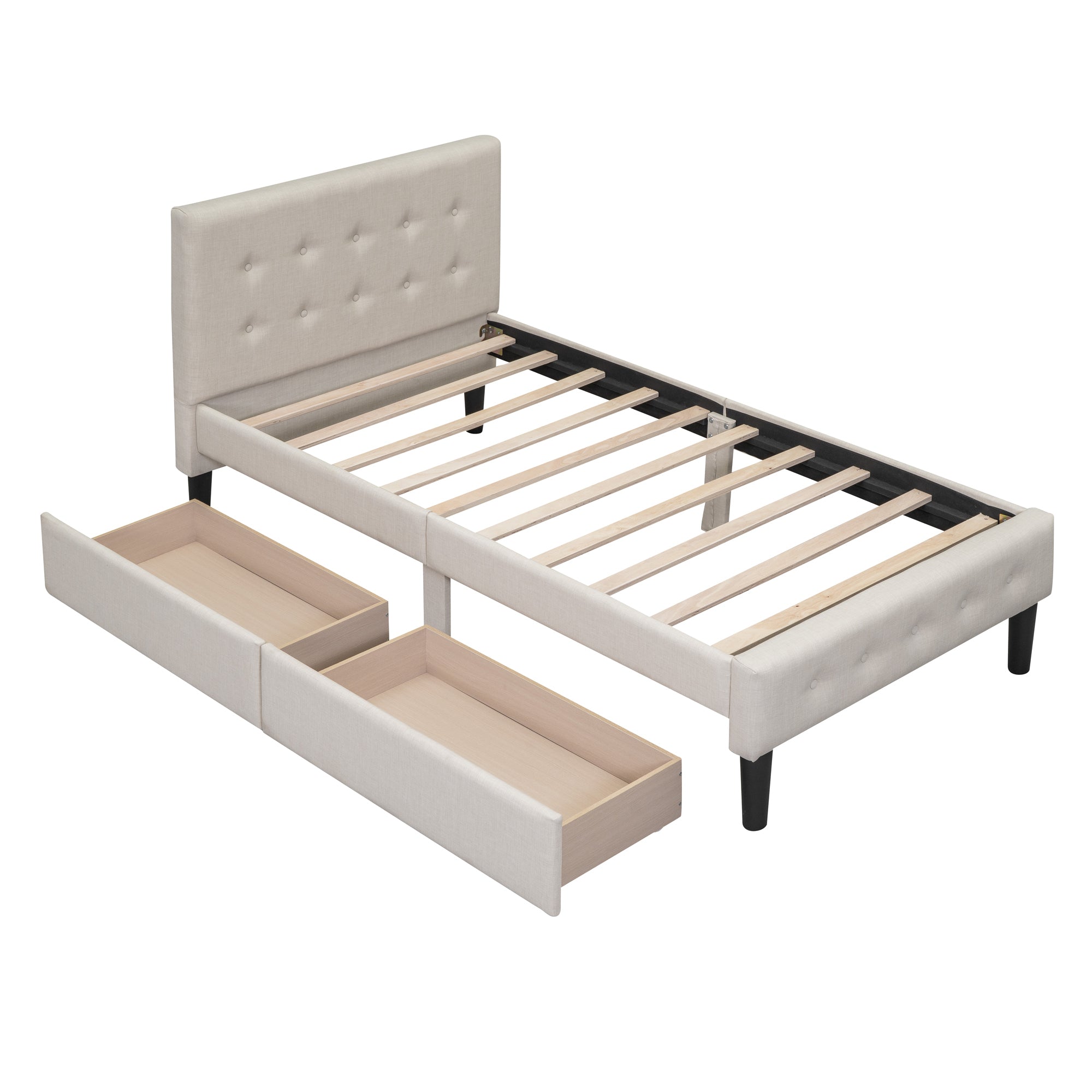 Twin Size Upholstered Platform Bed with 2 Drawers, Beige - Atlantic Fine Furniture Melbourne FL
