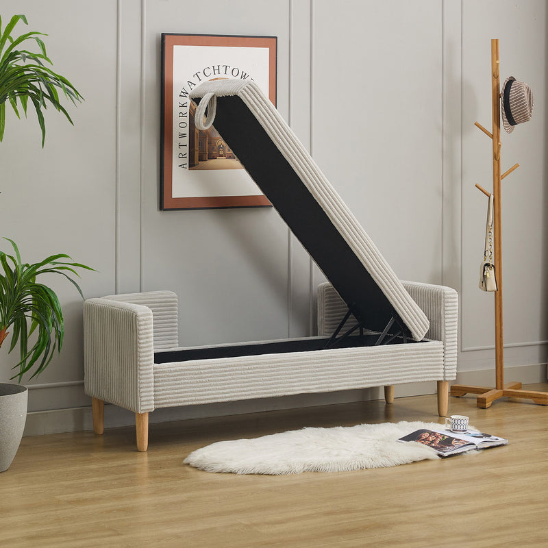Wide Corduroy Storage Soft Bench With Armrests, Backrest And Two Bolster Pillows