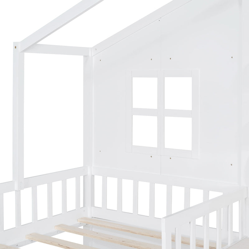 House Bed With Sofa, Kids Platform Bed With 2 Drawers And Storage Shelf