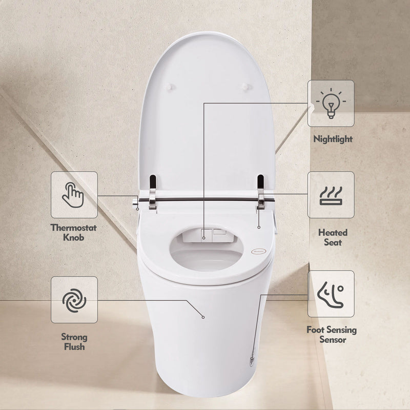 Heated Seat Smart Toilet Without Bidet, Upmarket Compact Dual Flush Toilet 1 / 1.28 Gpf, Tank Less Toilet With Adjustable Temp Heated Seat, Foot Sensor Flush - White Night Light, Knob Control, Power Out